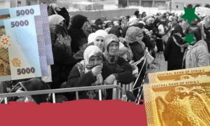 صورة تعبيرية لطوابير المواطنين السوريين مرفقة بالعملة السورية الجديدة بقيمة 5000 ليرة (تعديل عنب بلدي)