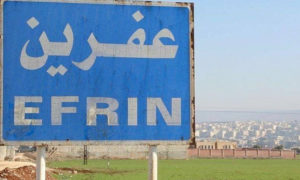 لافتة عند مدخل مدينة عفرين (هانزا)