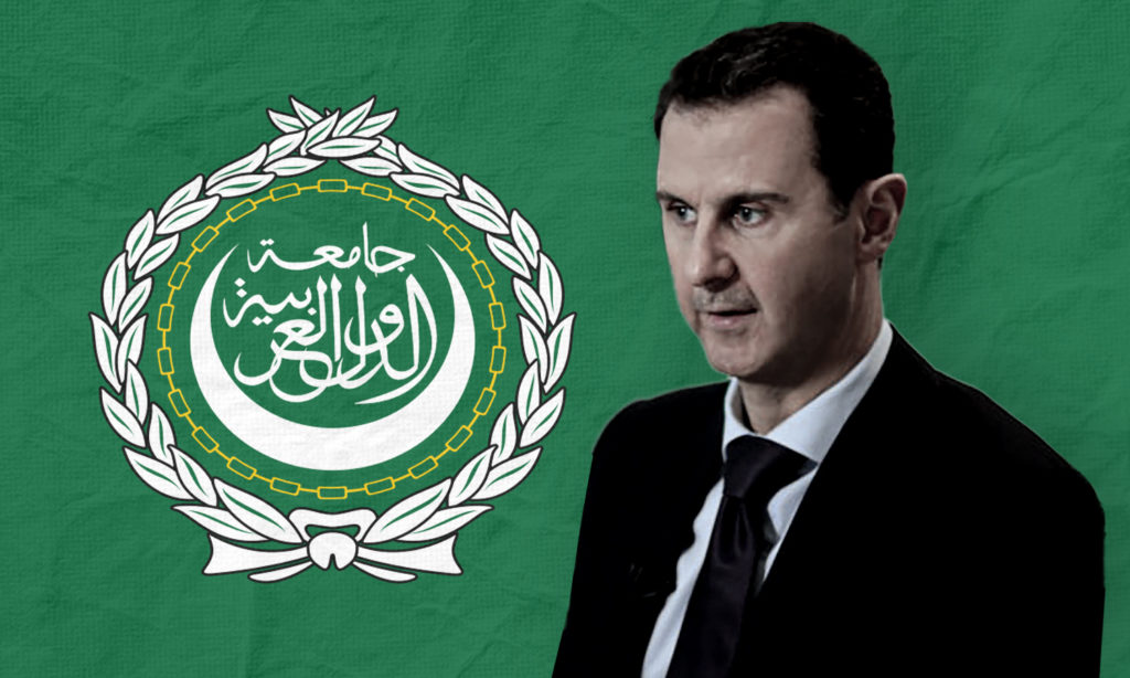 رئيس النظام السوري بشار الأسد وشعار جامعة الدول العربية (تعديل عنب بلدي)
