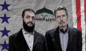 قائد هيئة تحرير الشام أبو محمد الجولاني برفقة الصحفي الأمريكي مارتن سميث (تعديل عنب بلدي)