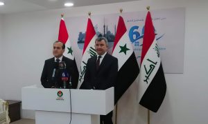 وزيرا النفط العراقي إحسان عبد الجبار والسوري بسام طعمة في مؤتمر صحفي 29 من نيسان 2021(واع)