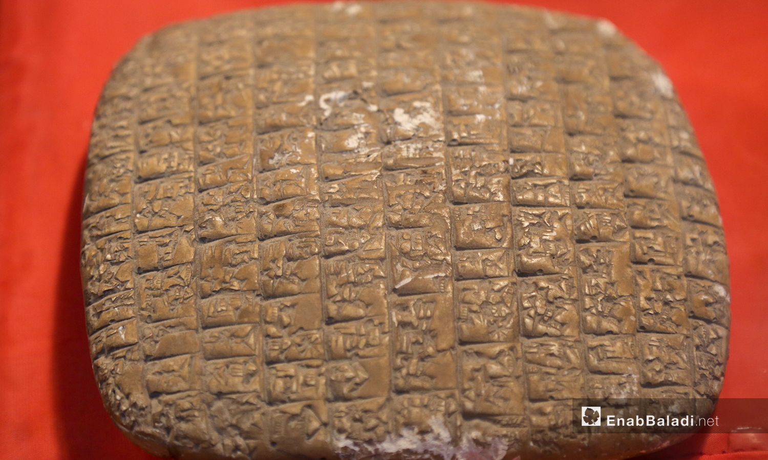 لوح طيني مكتوب عليه نصوص أثرية قديمة  داخل متحف مدينة إدلب شباط 2021 (عنب بلدي - يوسف غريبي)