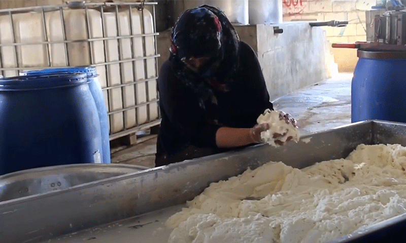 سيدة سورية تصنع اللبن من حليب الماعز في مدينة الرقة شمالي سوريا- 3 من آب 2021 (موقع "صوت الرقة")