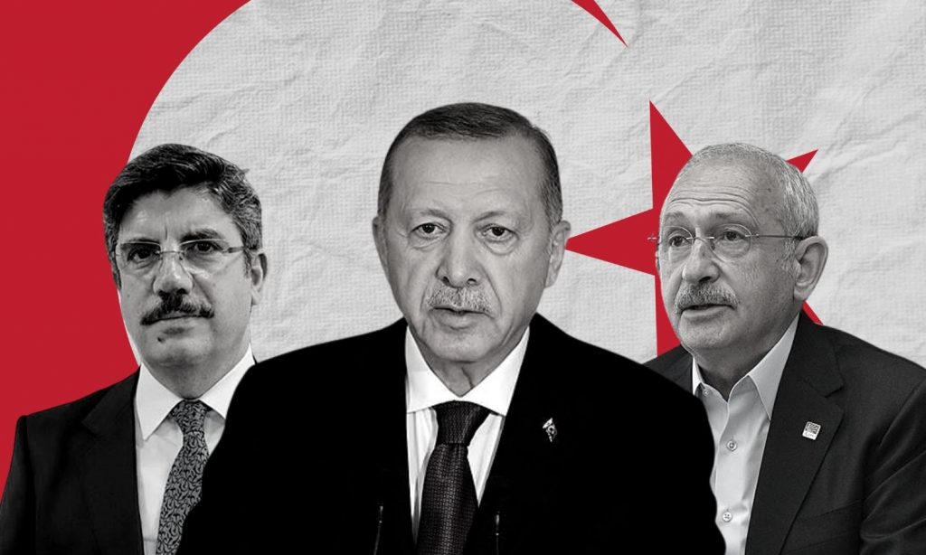 الرئيس التركي رجب طيب أردوغان ومستشاره ياسين أقطاي (يسار) إلى جانب زعيم حزب الشعب الجمهوري كمال كليشدار أوغلو (عنب بلدي)