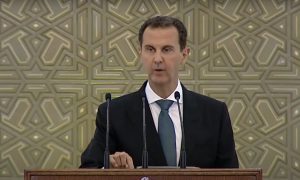 رئيس النظام السوري بشار الأسد خلال أداء مراسم القسم الدستوري - 17 من تموز 2021 (منصة رئاسة الجمهورية/ تويتر)