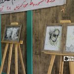 لوحات في معرض فني إحياءً لذكرى مجزرة كيماوي الغوطة الشرقية في مدينة إعزاز - 21 آب 2021 (عنب بلدي - وليد عثمان)
