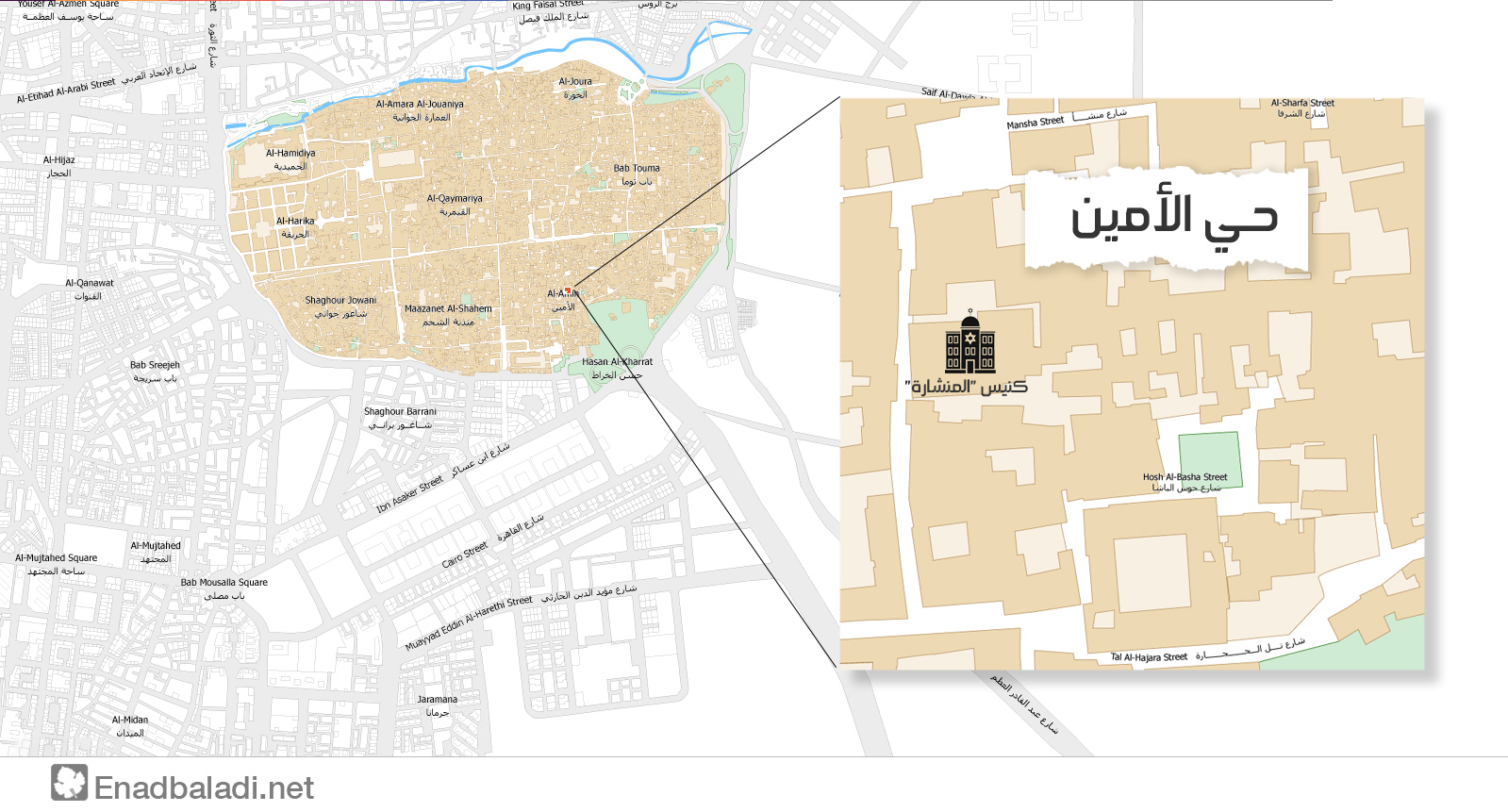 خريطة توضح موقع كنيس "المنشارة" في حي "الأمين" في دمشق (تعديل عنب بلدي)