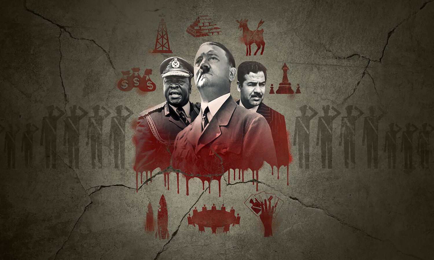 البوستر الرسمي لمسلسل كيف تصبح طاغية يظهر فيه أدولف هتلر، عيدي أمين، وصدام حسين (نتفلكس)
