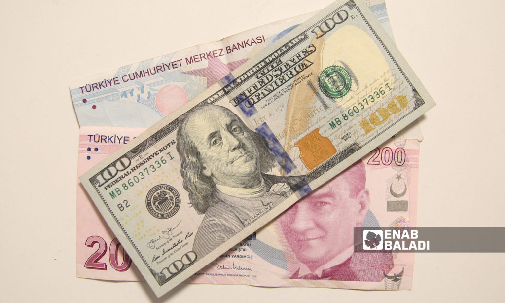 أوراق نقدية من فئة 100 دولار أمريكي و200 و100 ليرة تركية (عنب بلدي/يوسف حمص)