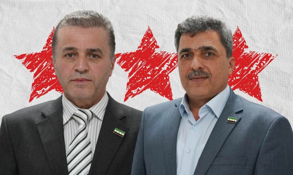 وزير الدفاع في الحكومة السورية المؤقتة حسن الحمادة (يمين) ووزير العدل حبوش حكمت لاطة (تعديل عنب بلدي)