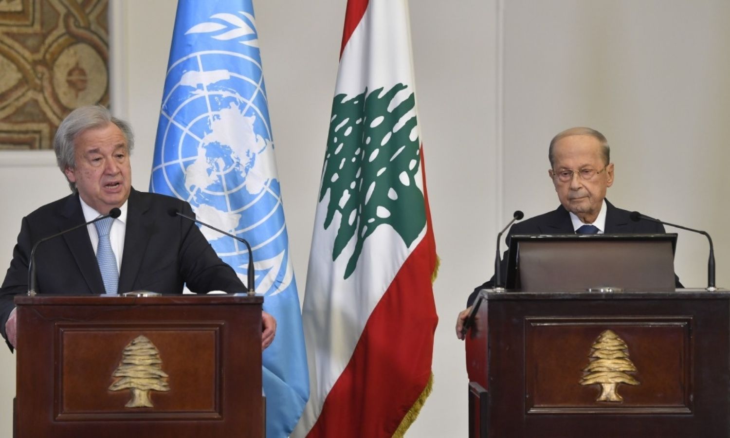 مؤتمر صحفي مشترك للرئيس اللبناني، ميشال عون، والأمين العام للأمم المتحدة أنطونيو غوتيريش، "الأناضول"، 2021.