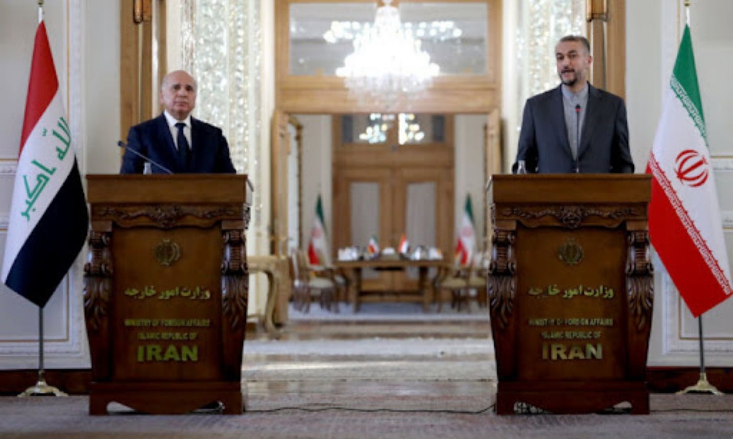 مؤتمر صحفي عقده وزير الخارجية الإيراني حسين أمير عبداللهيان، مع نظيره العراقي فؤاد حسين، في طهران، وكالة "تسنيم"، 2021.