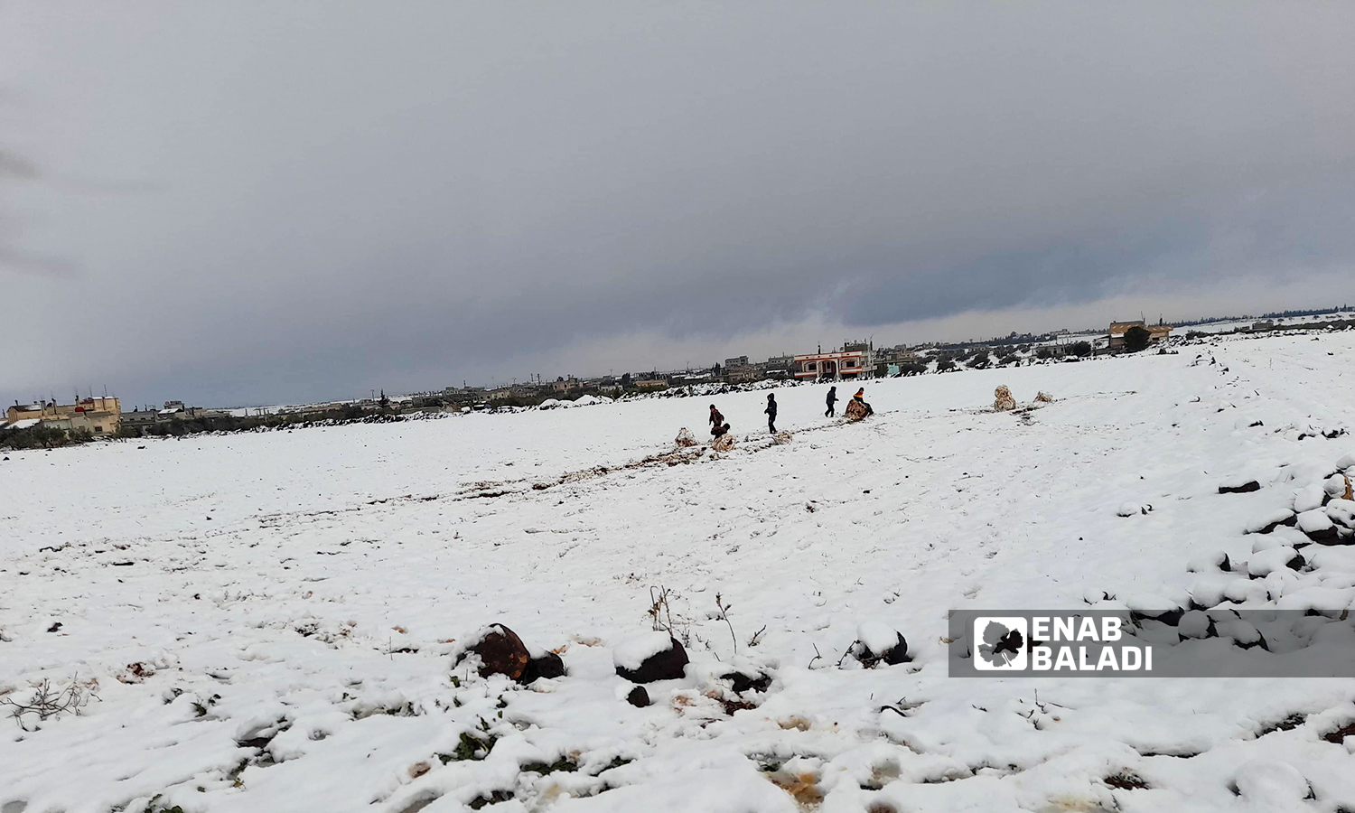 الثلوج تغطي بلدة ناحتة في ريف درعا الشرقي- 27 كانون الثاني 2022 (حليم محمد-عنب بلدي)
