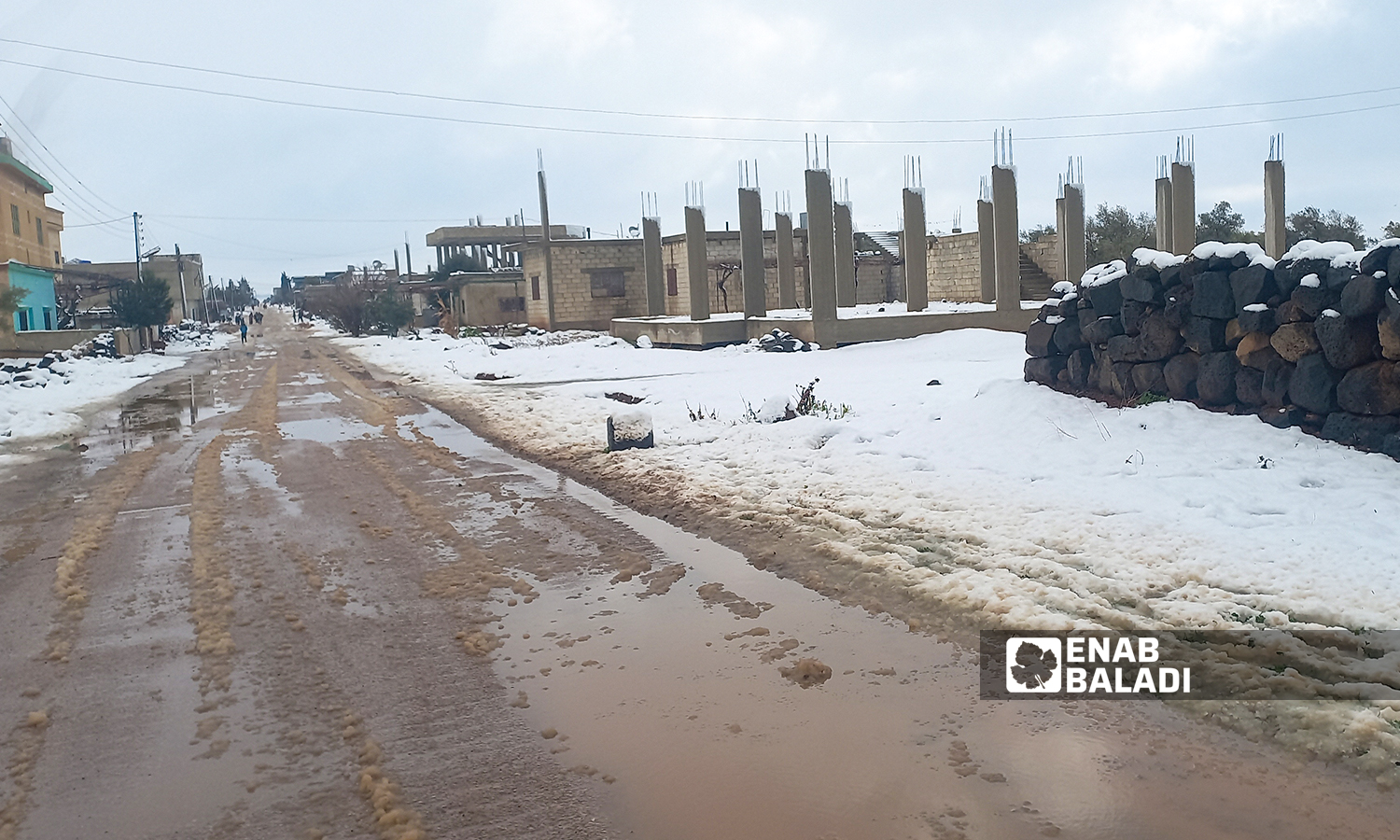 الثلوج تغطي بلدة ناحتة في ريف درعا الشرقي- 27 كانون الثاني 2022 (حليم محمد-عنب بلدي)
