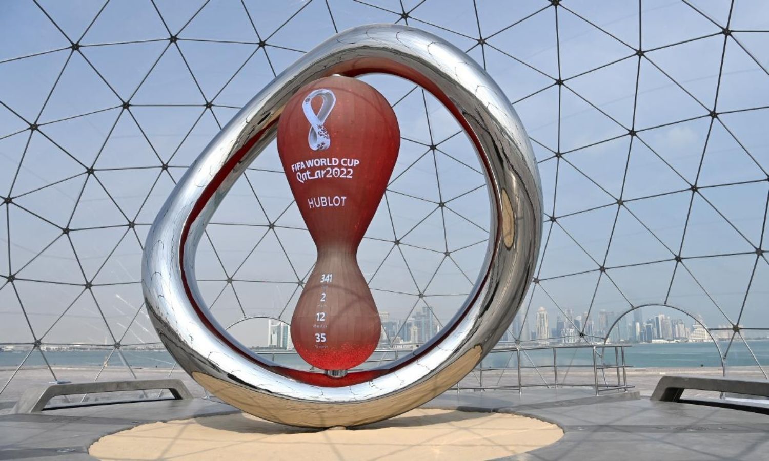 ساعة العد التنازلي الرسمية لكأس العالم في قطر 2022- كورنيش الدوحة (getty images)