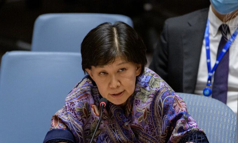 الممثلة السامية لشؤون نزع السلاح، إيزومي ناكاميتسو، تطلع مجلس الأمن على الوضع في الشرق الأوسط (الأمم المتحدة)