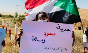  سودانية تحمل لافتة تؤكد استمرار الثورة خلال مظاهرة للمطالبة بحكم مدني، 17 كانون الثاني 2022 (تجمع الصيادلة المهنيين) 