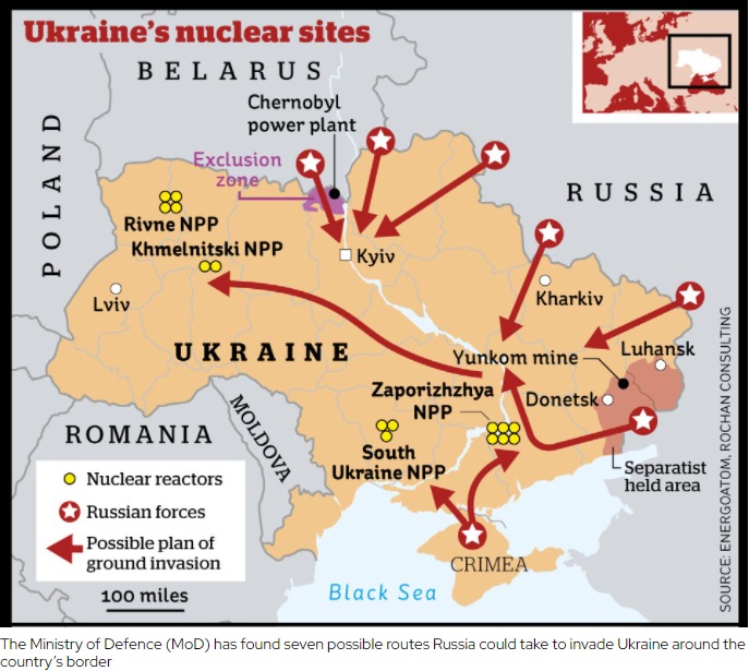 سبعة طرق محتملة يمكن أن تسلكها روسيا لغزو أوكرانيا حول حدود البلاد، ومن الممكن أن تهدد المنشآت النووية (inews)
