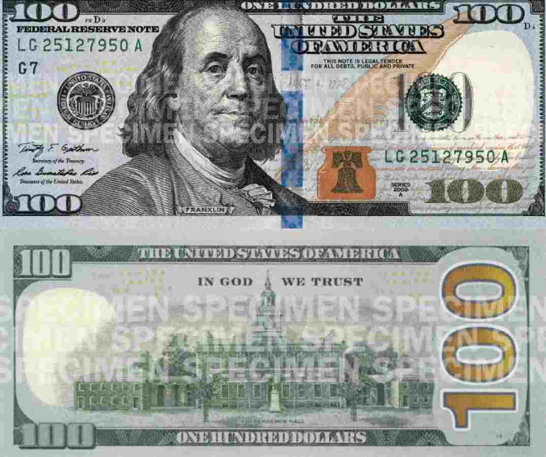 ورقة نقدية من فئة 100 دولار أمريكي طبعة عام 2013 (وزارة الخزانة الأمريكية)