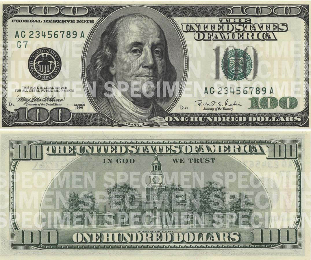 ورقة نقدية من فئة 100 دولار أمريكي طبعة عام 1996 (وزارة الخزانة الأمريكية)