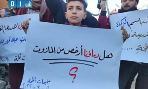 طفل يحمل لافتة في مظاهرة في مخيم 