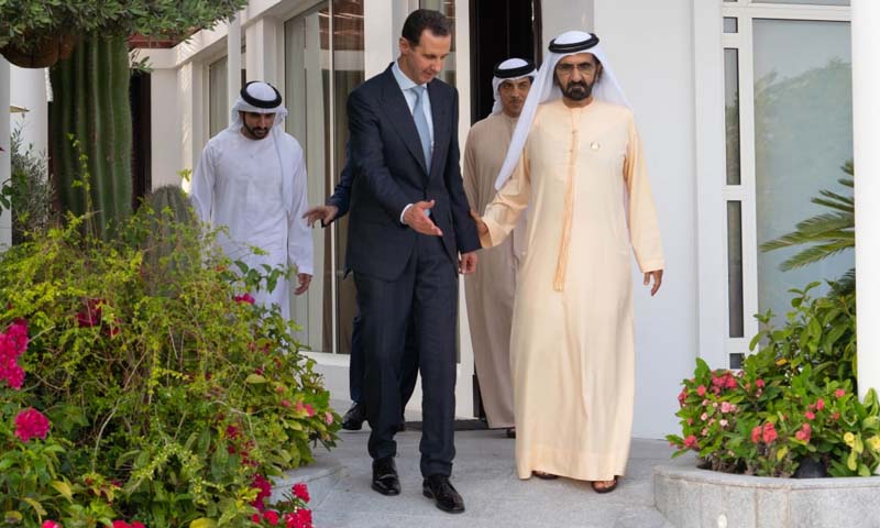 رئيس النظام السوري، بشار الأسد، خلال زيارته الإمارات ولقائه حاكم دبي، محمد بن راشد آل مكتوم - 18 من آذار 2022 (رئاسة الجمهورية السورية) 
