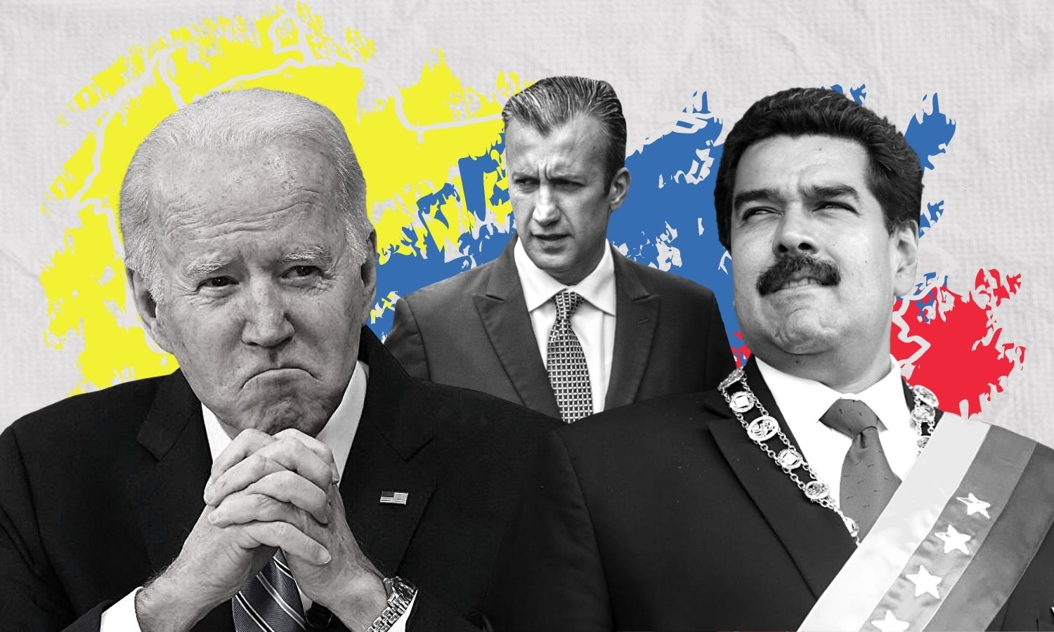 الرئيس الأمريكي جو بايدن والرئيس الفنزويلي نيكولاس مادورو ونائب الرئيس الفنزويلي طارق العيسمي (تعديل عنب بلدي)