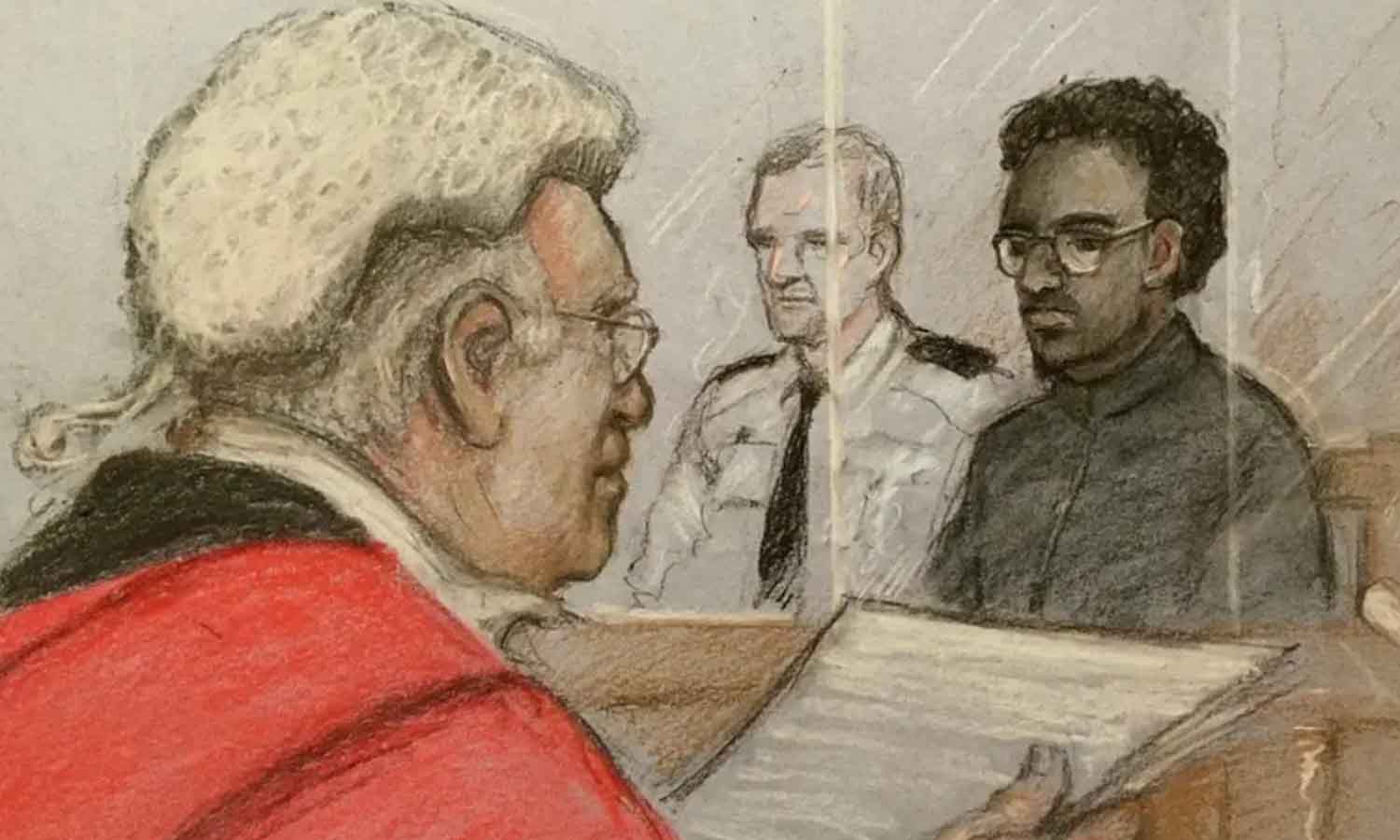 رسم تعبيري لعلي حربي أثناء محاكمته بقضية مقتل النائب ديفيد أميس-13 من نيسان 2022(Elizabeth Cook/PA)