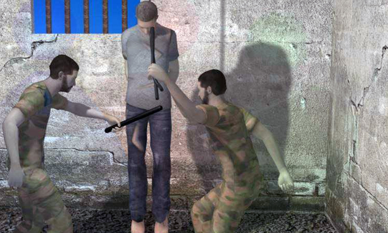 رسم توضيحي لأساليب التعذيب داخل السجون السورية- (الشبكة السورية لحقوق الإنسان)
