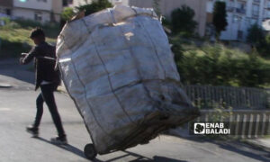 طفل سوري لاجئ في تركيا يعمل على عربة لجمع النفايات القابلة لإعادة التدوير (عنب بلدي)
