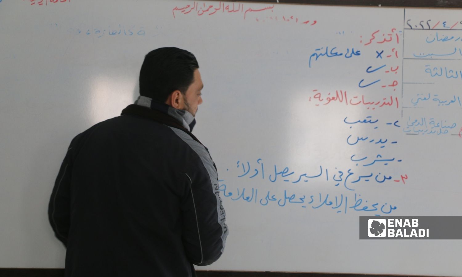 معلم داخل أحد الصفوف في مدرسة بريف إدلب- 9 من نيسان 2022 (عنب بلدي/ إياد عبد الجواد)