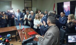 من لحظات بعد انتهاء التوقيع النهائي لاتفاقية نقل الغاز المصري إلى لبنان - 21 حزيران 2022 (وكالة عمون)