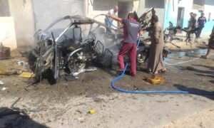 مكان انفجار سيارة بعبوة ناسفة في قرية شويحة شمالي مدينة قباسين بريف حلب الشرقي- 27 حزيران 2022 (متداول شبكات محلية)