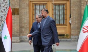 وزير الخارجية الإيراني، حسين أمير عبد اللهيان، مع نظيره السوري فيصل المقداد (AFP)
