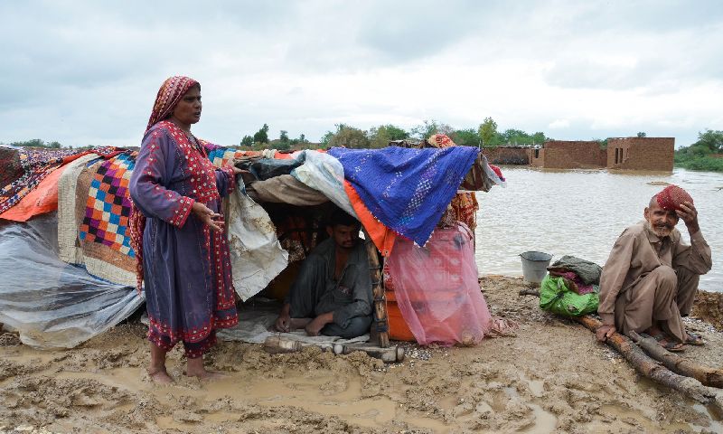 عائلة تلجأ إلى أرض مرتفعة بعد الفيضانات في ديرا الله يار التابعة لإقليم بلوشستان_ 25 من آب 2022 (رويترز)