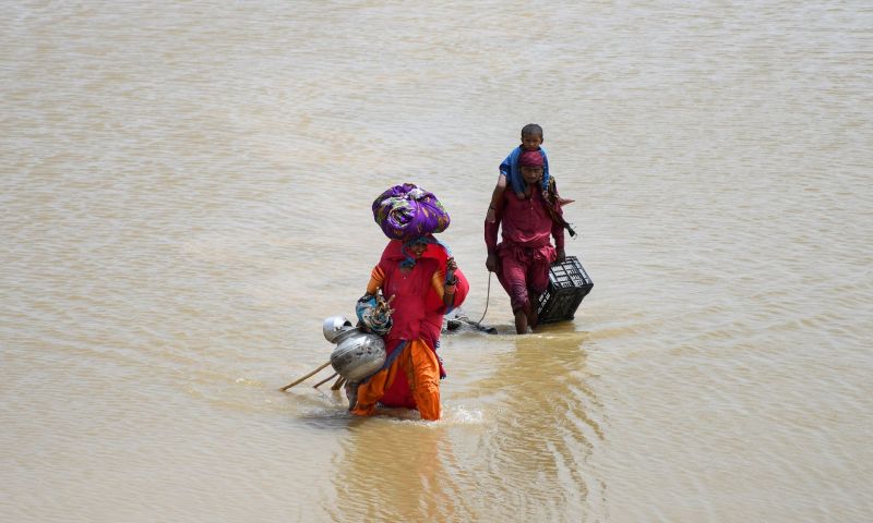 عائلة تحمل حاجاتها وتسير ضمن الميه في جامشورو الباكستانية_ 26 من آب 2022 (رويترز)
