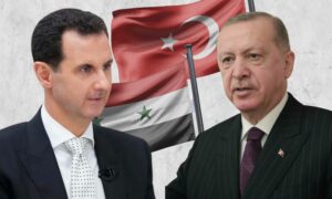 الرئيس التركي رجب طيب أردوغان ورئيس النظام السوري بشار الأسد (تعديل عنب بلدي)
