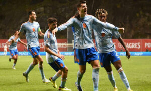 فرحة الفارو موراتا لاعب منتخب اسبانيا بهدف الفوز في مرمى البرتغال- 27 أيلول 2022 
