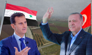 رئيس النظام السوري بشار الأسد ورئيس الجمهورية التركية رجب طيب أردوغان (تعديل عنب بلدي)