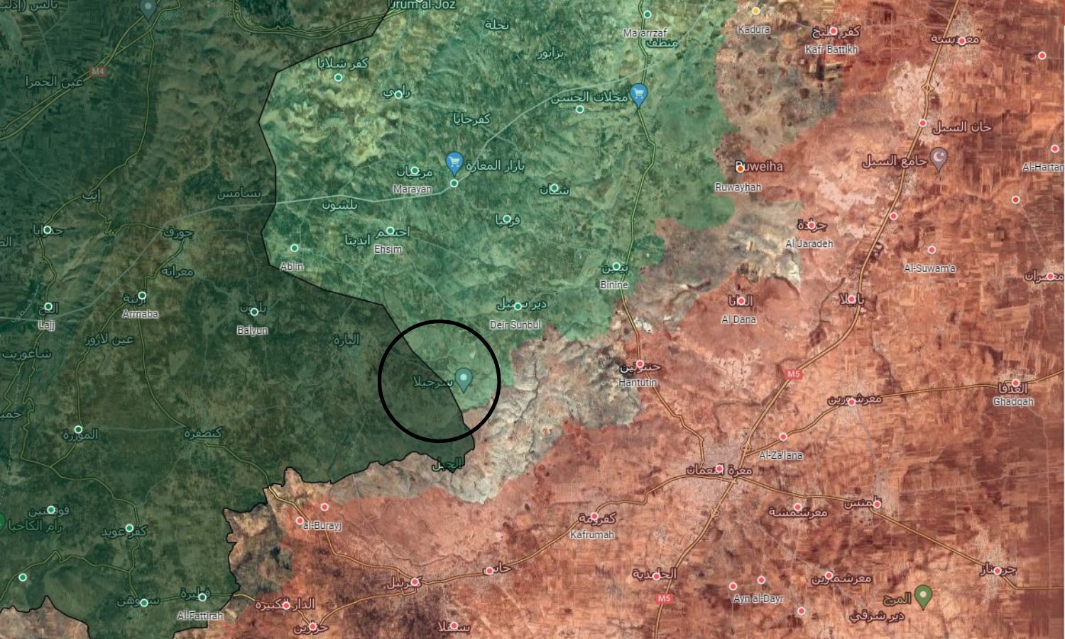 خريطة توضح مكان إنشاء النقطة التركية في قرية سرجيلا جنوبي إدلب (Guerra map)