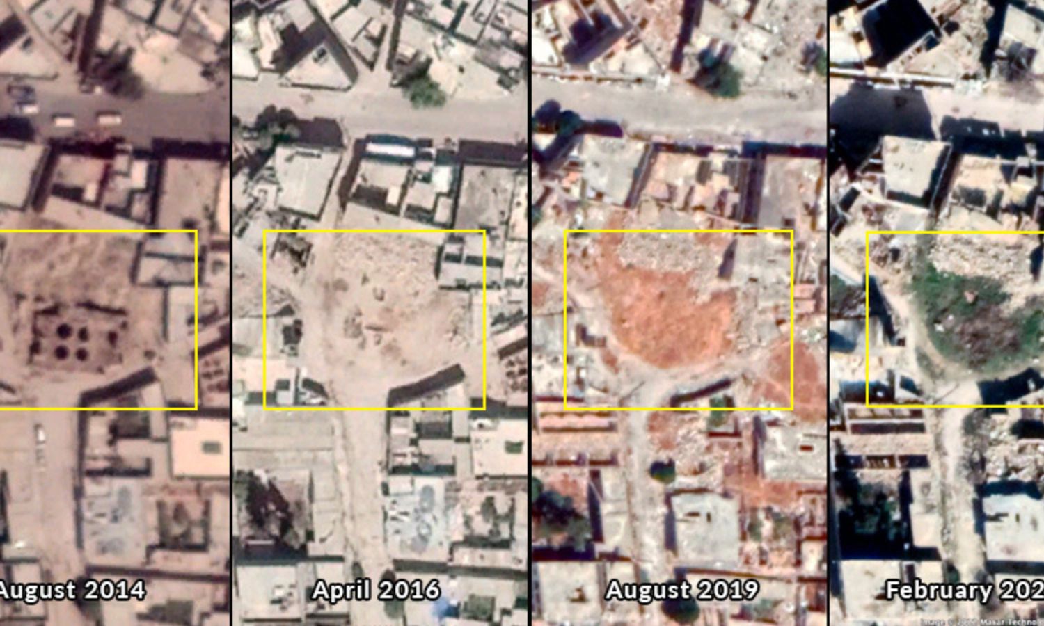 صور الأقمار الاصطناعية تظهر عمليات حفر في محيط الكنيس اليهودي الأثري الموجود في مدينة تادف في ريف حلب