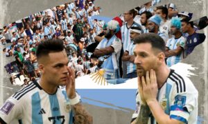 لاعبو الأرجنتين بعد خسارتهم أمام السعودية في مونديال قطر 2022(تعديل عنب بلدي)