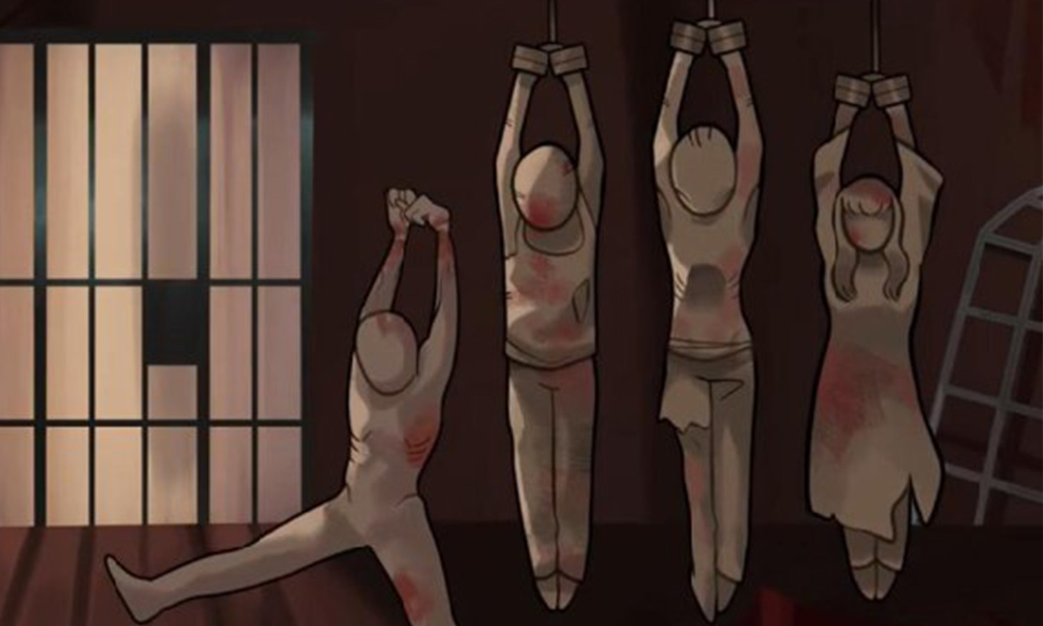 تعبيرية لتعذيب المعتقلين في سجون النظام السوري (رابطة عائلات قيصر)