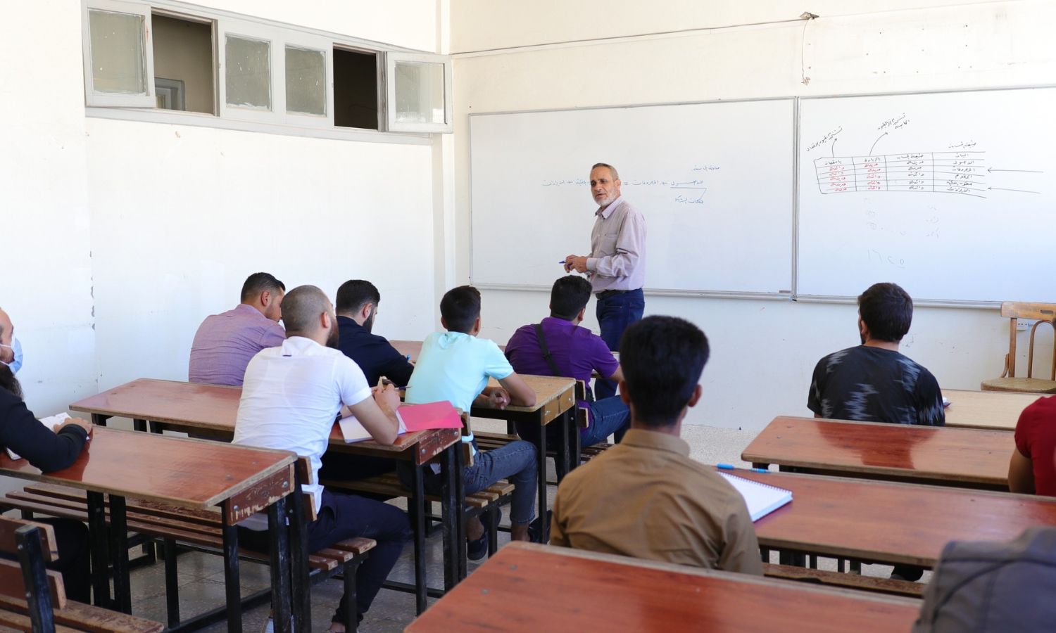 مدرّس مع طلاب داخل إحدى قاعات جامعة "إدلب"- 2 من تشرين الأول 2022 (جامعة إدلب/ فيس بوك)