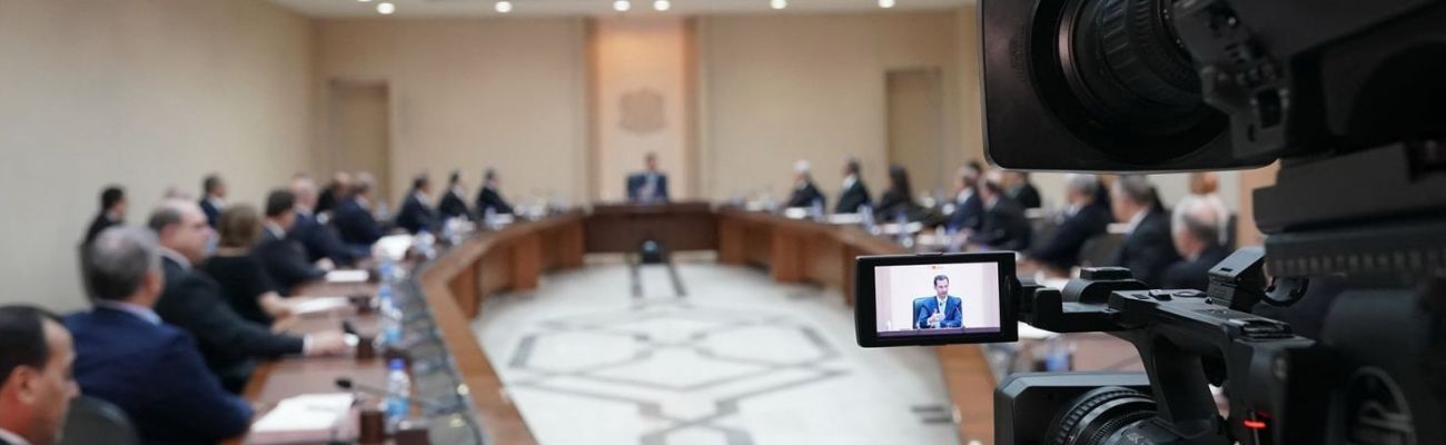 رئيس النظام السوري بشار الأسد يظهر في عدسة كاميرا خلال ترؤسه اجتماع الوزارة الجديدة بعد أدائها اليمين الدستورية- 14 من آب 2021 (رئاسة الجمهورية/ فيس بوك)
