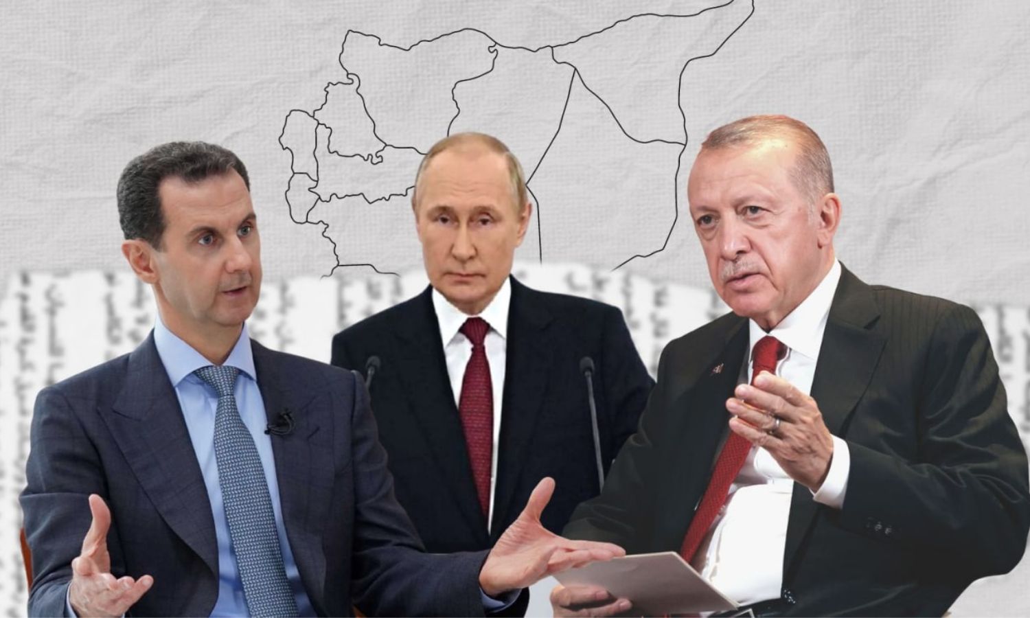 الرئيس التركي رجب طيب أردوغان ورئيس النظام السوري بشار الأسد والرئيس الروسي فلاديمير بوتين (تعديل عنب بلدي)