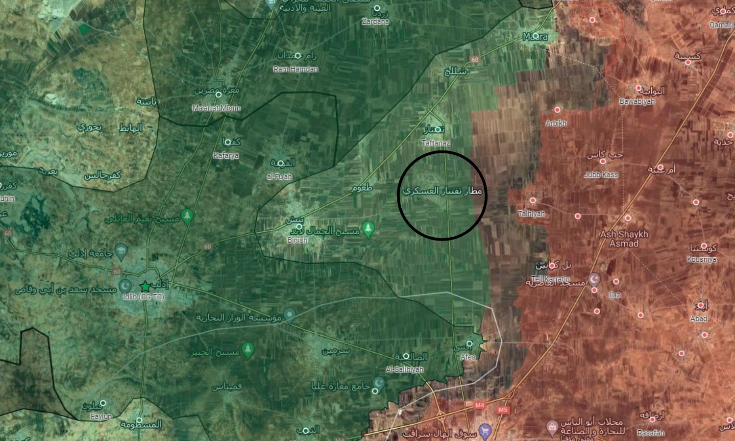 خريطة توضح مكان مطار "تفتناز" العسكري بريف إدلب الشمالي الشرقي (Guerra map)