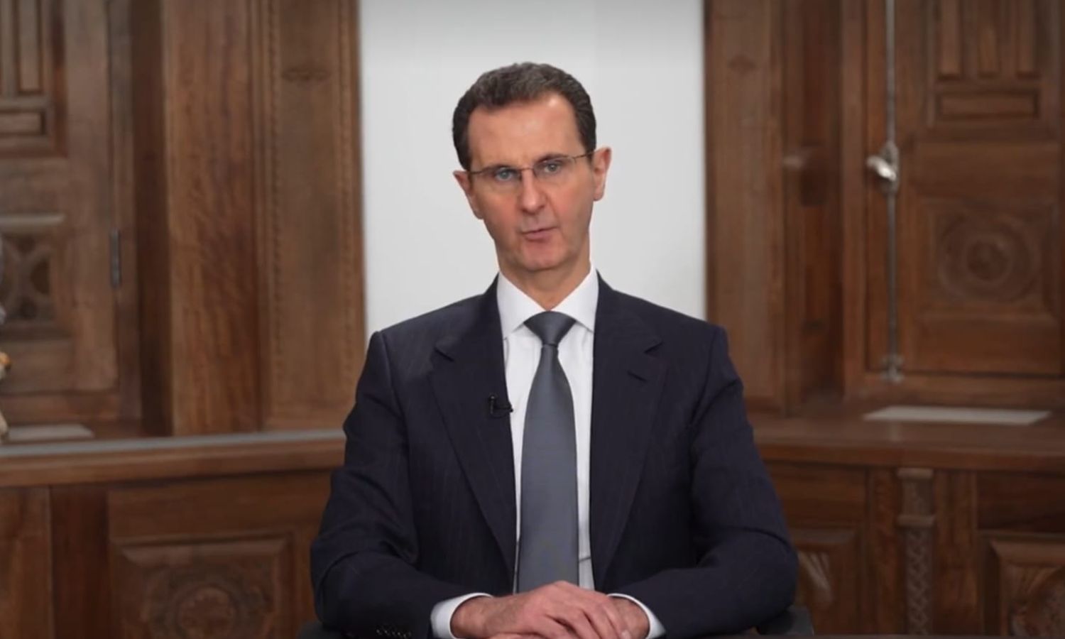 رئيس النظام السوري بشار الأسد خلال كلمة مصورة حول تداعيات الزلزال_ 16 شباط 2023 (رئاسة الجمهورية)