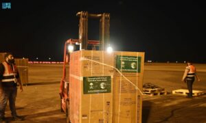 أول شحنة مساعدات سعودية تغادر إلى مطار حلب الدولي في 14 من شباط 2023 