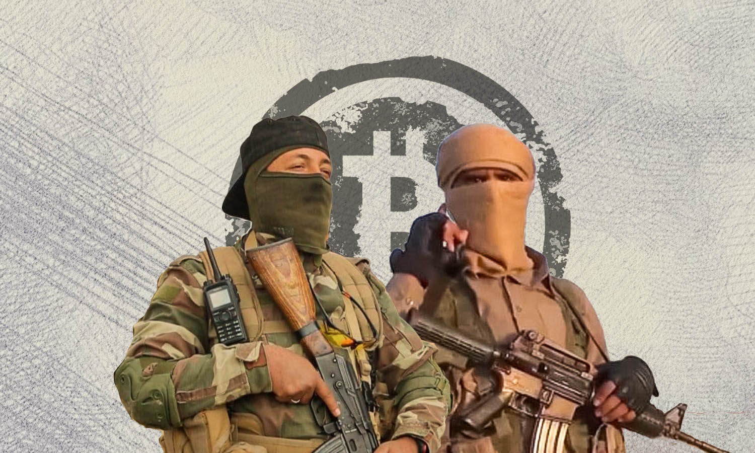 عنصر من هيئة تحرير الشام وعنصر من تنظيم الدولة الاسلامية مع شعار الـ"Bitcoin"(تعديل عنب بلدي)